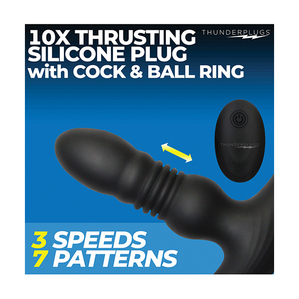 ThunderPlugs 10X Thrusting Silicone Vibrator w-Cock & Ball Strap & Remote - Black - Image 4