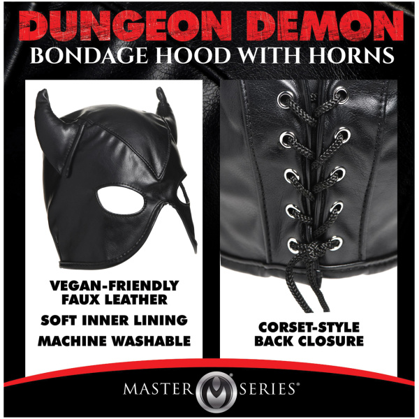 Master Series Dungeon Demon Bondage Hood w-Horns - Black - Image 4